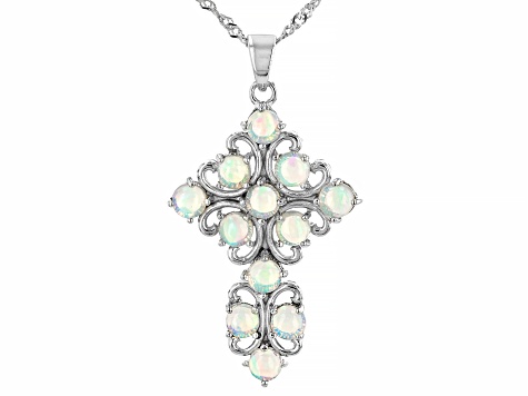 Multicolor Ethiopian Opal Rhodium Over Sterling Silver Cross Pendant With Chain 1.70ctw