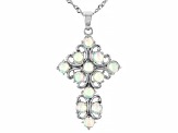 Multicolor Ethiopian Opal Rhodium Over Sterling Silver Cross Pendant With Chain 1.70ctw