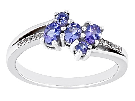 Blue Tanzanite Rhodium Over Silver Bypass Ring 0.56ctw