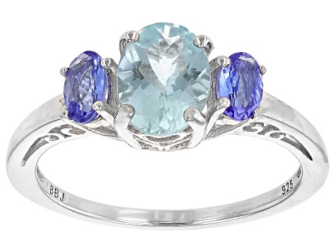 Blue Aquamarine Rhodium Over Sterling Silver 3-Stone Ring 1.24ctw