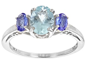 Blue Aquamarine Rhodium Over Sterling Silver 3-Stone Ring 1.24ctw