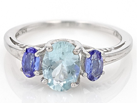 Blue Aquamarine Rhodium Over Sterling Silver 3-Stone Ring