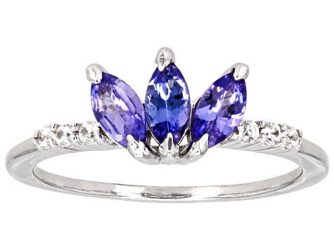 Blue Tanzanite With White Zircon Platinum Over Sterling Silver Ring 0.76ctw