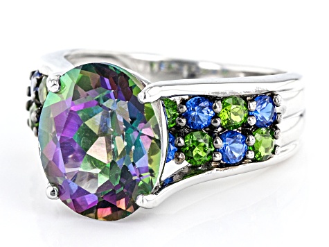 Green Mystic Fire® Topaz Rhodium Over Sterling Silver Ring 6.10ctw