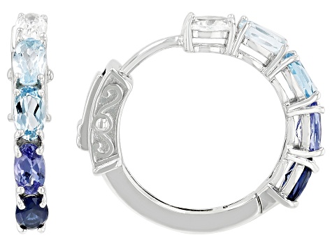 Blue Lab Created Sapphire Rhodium Over Sterling Silver Hoop Earrings 2.35ctw