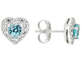 Blue Zircon Rhodium Over Sterling Silver Heart Stud Earrings 1.85ctw