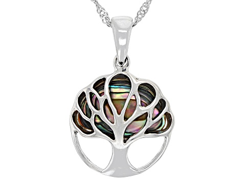 Multicolor Abalone Shell Sterling Silver Tree of Life Pendant With Chain