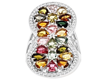 Picture of Multicolor Tourmaline Rhodium Over Silver Ring 6.56ctw