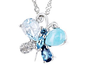 Blue Larimar Rhodium Over Silver Butterfly Pendant With Chain 1.06ctw