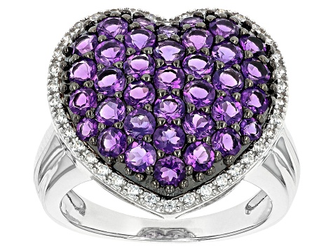 Purple African Amethyst Rhodium Over Sterling Silver Heart Ring 1.97ctw
