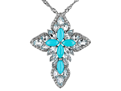 Blue Sleeping Beauty Turquoise Rhodium Over Silver Cross Pendant with Chain 2.37ctw