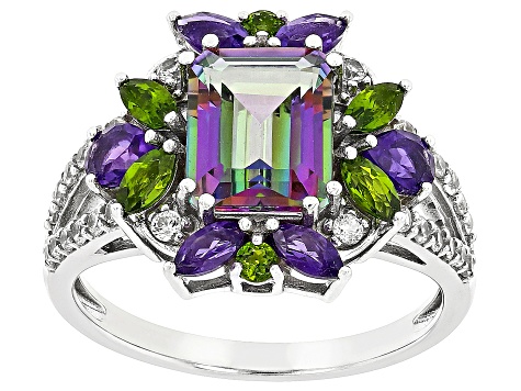 Mystic Fire® Green Topaz Rhodium Over Sterling Silver Ring 3.93ctw