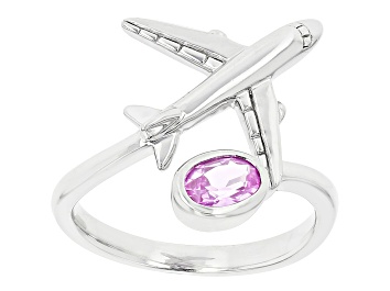 Picture of Pink Lab Created Sapphire Rhodium Over Sterling Silver Airplane Ring 0.49ctw