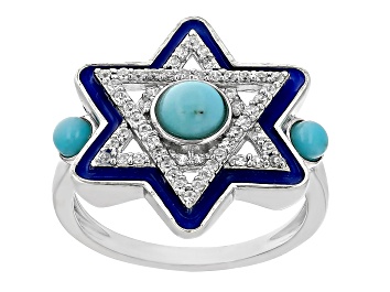 Picture of Turquoise, White Zircon and Enamel Star of David Rhodium Over Silver Ring 0.34ctw