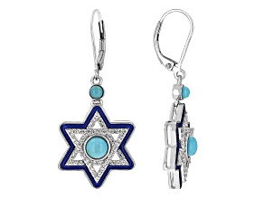 White Zircon and Enamel Star of David Rhodium Over Silver Earrings .64ctw