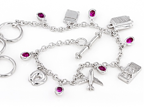 Pink Lab Created Sapphire Rhodium Over Brass Travel Charm Bracelet