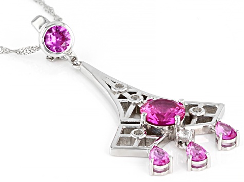 Pink Lab Created Sapphire Rhodium Over Sterling Silver Enhancer W/ 18" Chain 5.49ctw