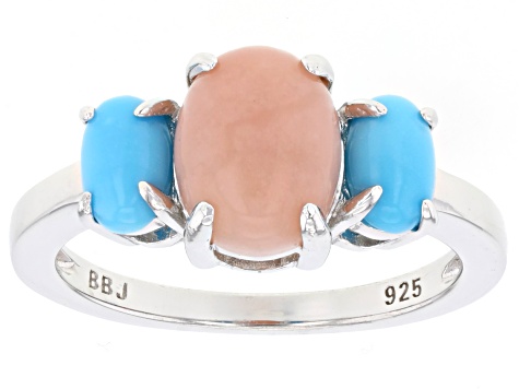 Pink Opal Rhodium Over Silver 3-Stone Ring