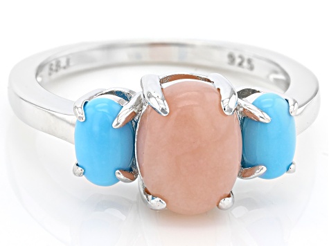 Pink Opal Rhodium Over Silver 3-Stone Ring