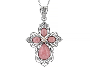 Picture of Pink Opal Rhodium Over Silver Cross Enhancer With Chain