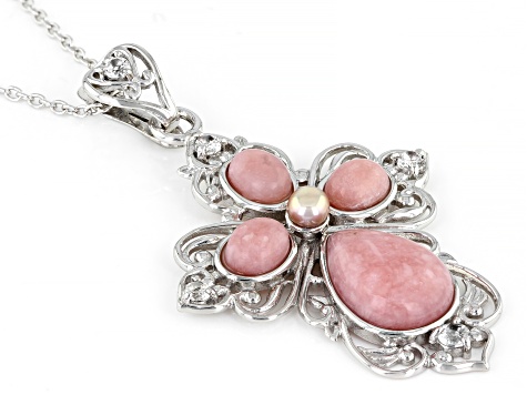 Pink Opal Rhodium Over Silver Cross Enhancer With Chain