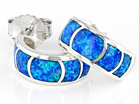 Blue Lab Created Opal Sterling Silver Hoop Earrings