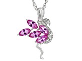 Pink Lab Created Sapphire Rhodium Over Silver Flamingo Pendant with Chain 1.02ctw