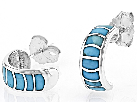 Blue Composite Turquoise Rhodium Over Sterling Silver Hoop Earrings