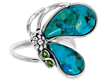 Picture of Blue Turquoise Rhodium Over Silver Butterfly Ring 0.03ctw