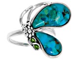 Blue Turquoise Rhodium Over Silver Butterfly Ring 0.03ctw