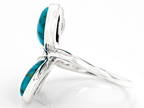 Blue Turquoise Rhodium Over Silver Butterfly Ring 0.03ctw