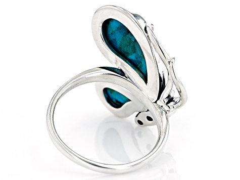 Blue Turquoise Rhodium Over Silver Butterfly Ring 0.03ctw