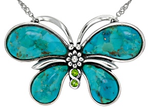 Blue Turquoise Sterling Silver Butterfly Necklace 0.07ctw