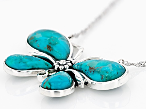 Blue Turquoise Sterling Silver Butterfly Necklace 0.07ctw