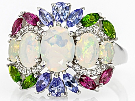 Multicolor Ethiopian Opal Rhodium Over Sterling Silver Ring 2.68 