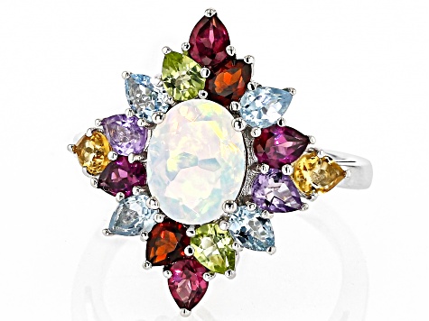 Multicolor Ethiopian Opal Rhodium Over Sterling Silver Ring