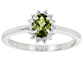 Picture of Green Moldavite Rhodium Over Sterling Silver Halo Ring 0.40ctw