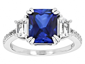 Blue Lab Created Sapphire Rhodium Over Silver Ring 3.10ctw