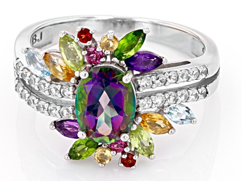 Mystic Fire® Green Topaz Rhodium Over Sterling Silver Ring 2.46ctw