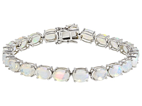 Multicolor Ethiopian Opal Rhodium Over Sterling Silver Tennis Bracelet 16.38ctw