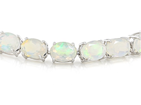 Multicolor Ethiopian Opal Rhodium Over Sterling Silver Tennis Bracelet 16.38ctw