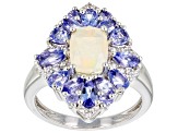 Multicolor Ethiopian Opal, Tanzanite With Zircon Rhodium Over Silver Ring