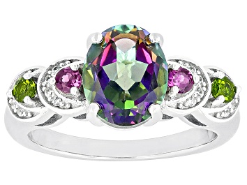 Picture of Green Mystic Fire Topaz Rhodium Over Silver Ring 3.19ctw