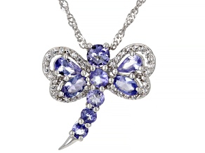 Blue Tanzanite Rhodium Over Sterling Silver Dragonfly Pendant With Chain 1.93ctw