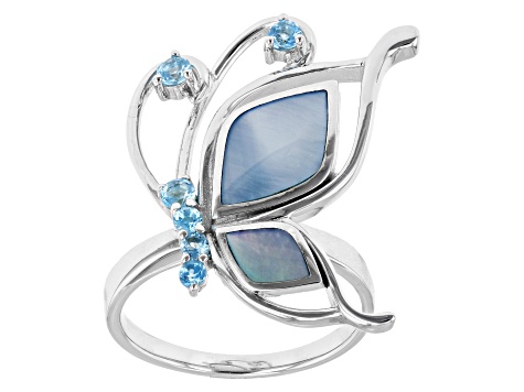 Blue Mother-Of -Pearl Rhodium Over Sterling Silver Butterfly Ring
