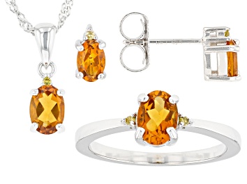 Picture of Orange Madeira Citrine Rhodium Over Silver Ring, Earrings and Pendant Chain Set 2.20ctw