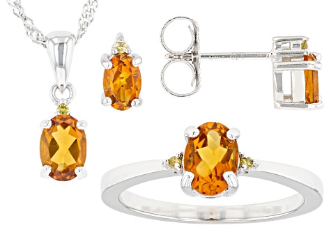 Orange Madeira Citrine Rhodium Over Silver Ring, Earrings and Pendant Chain Set 2.20ctw