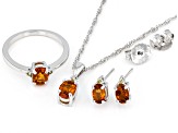 Orange Madeira Citrine Rhodium Over Silver Ring, Earrings and Pendant Chain Set 2.20ctw
