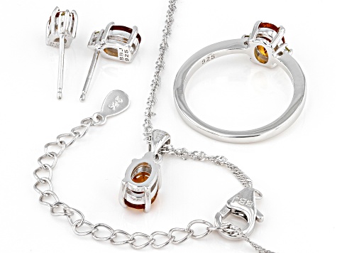 Orange Madeira Citrine Rhodium Over Silver Ring, Earrings and Pendant Chain Set 2.20ctw