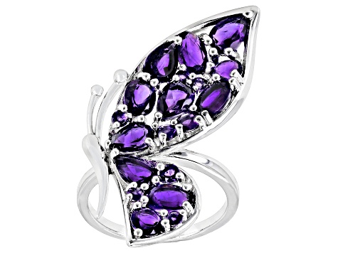 Purple African Amethyst Rhodium Over Sterling Silver Butterfly Ring 3.36ctw